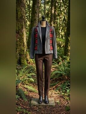 Women's Grey Faux Wool Blend Peacoat with Red Plaid Panels